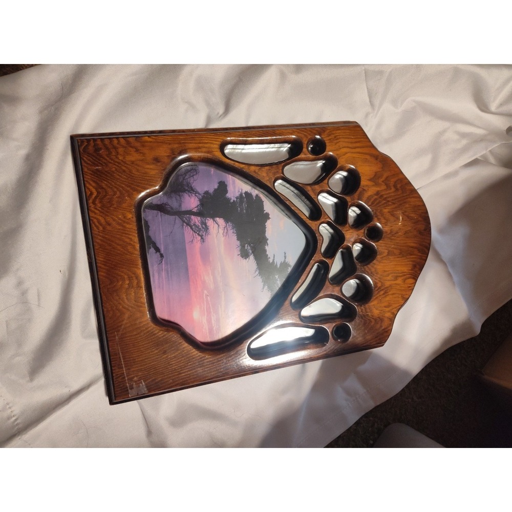 Handmade Wall Hanging With Mirror And Pict Of A Sunset. Shaped Like A Bear Paw